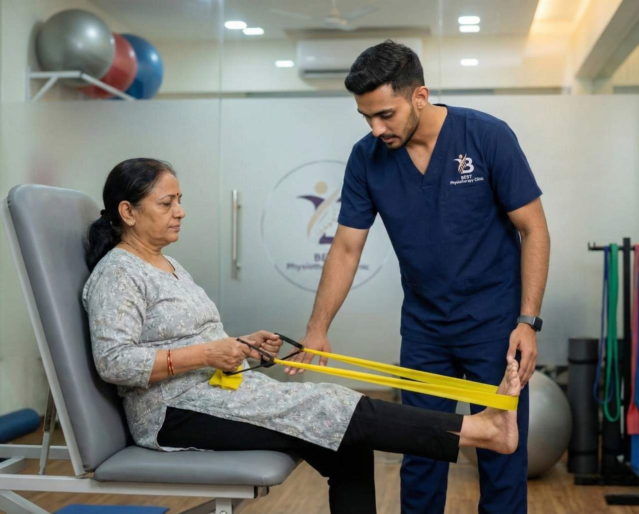 Physiotherapist examining older patient's knee for joint pain and mobility loss due to arthritis.