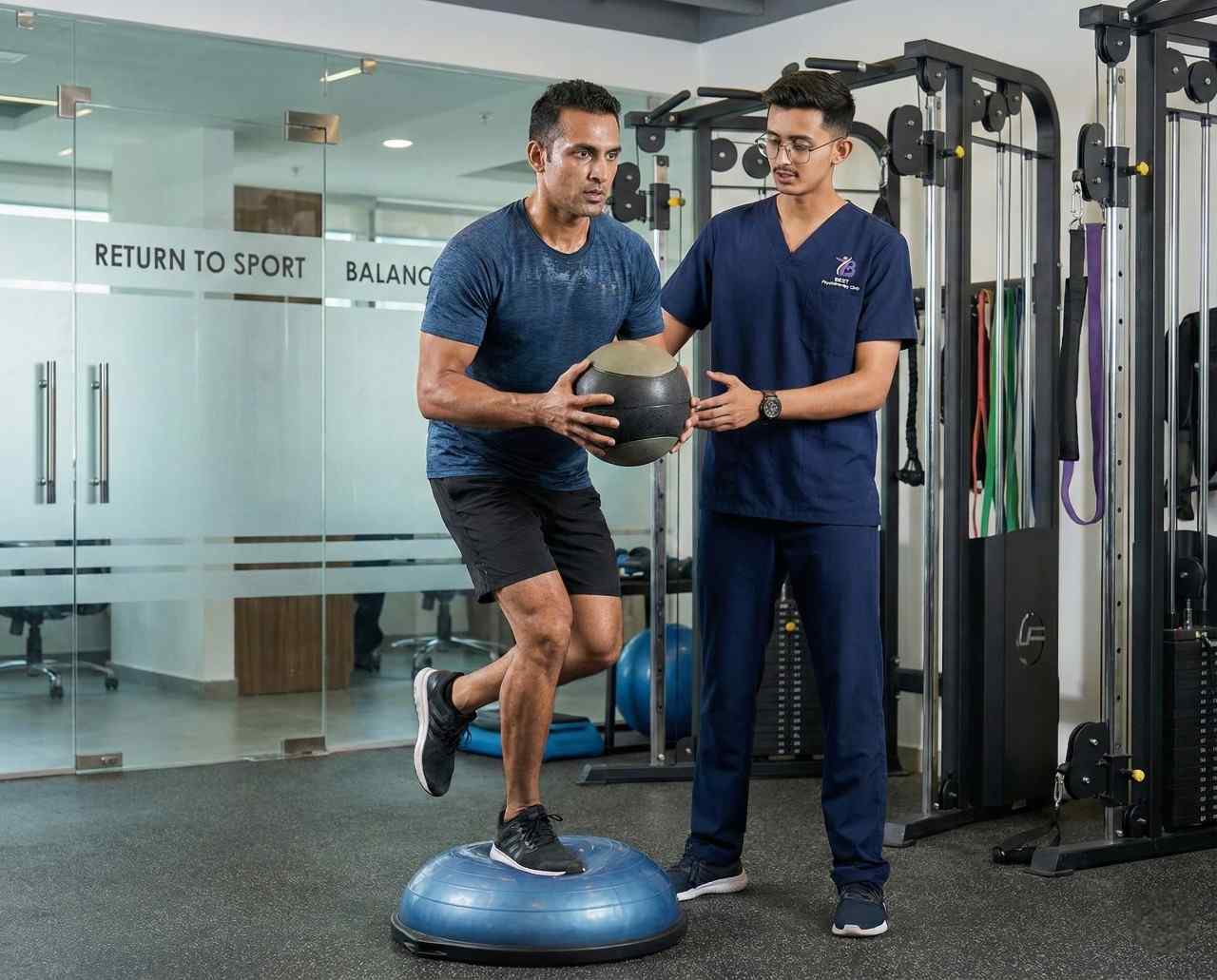 A physiotherapist guides a patient with BOSU ball training to improve knee joint stability and balance.