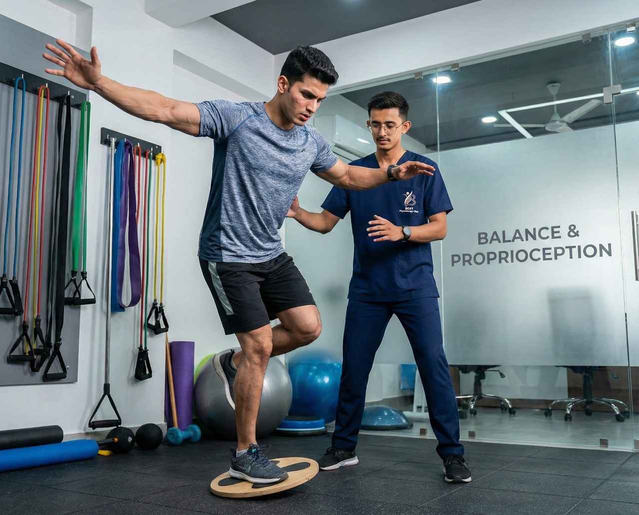 Athlete performing single-leg stability exercise on a BOSU ball for ankle sprain rehabilitation.