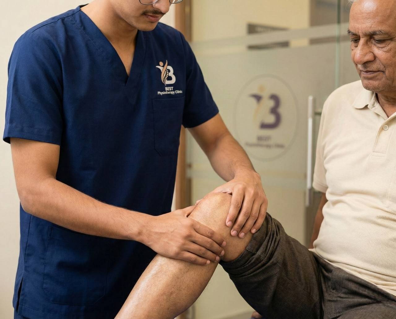 Physiotherapist helping senior man to knee balancing for age related mobility