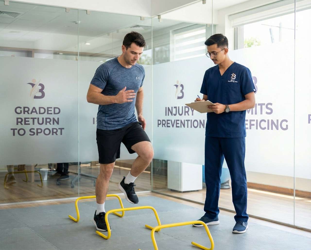 Athlete performing high-level step-ups with a medicine ball for quadriceps muscle strain rehab.