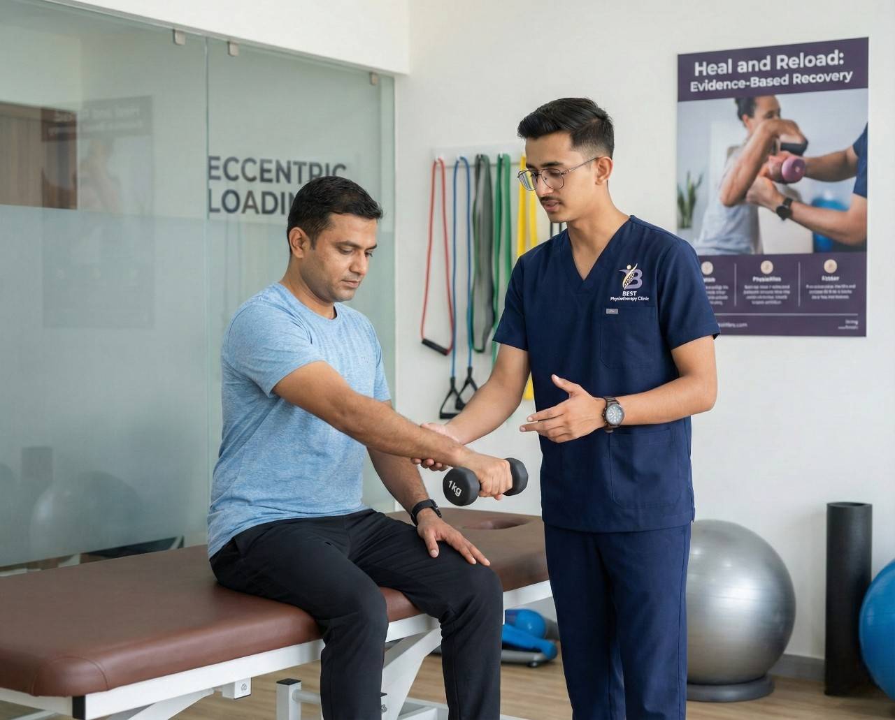 Physiotherapist guiding patient through eccentric dumbbell exercises for Tennis Elbow recovery
