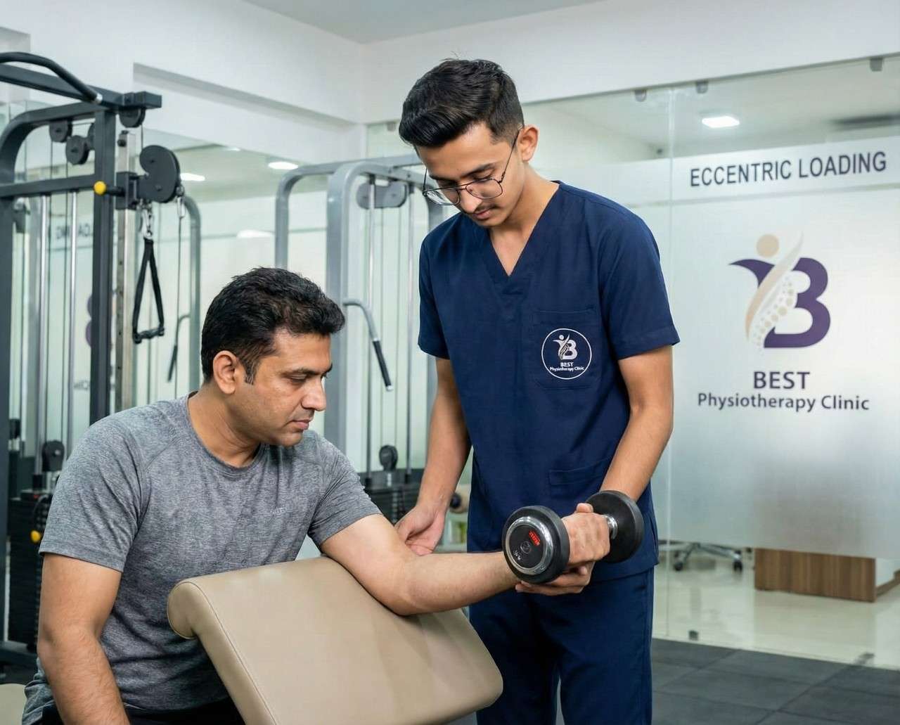 Patient performing eccentric strengthening with a dumbbell for Golfer's Elbow rehabilitation.