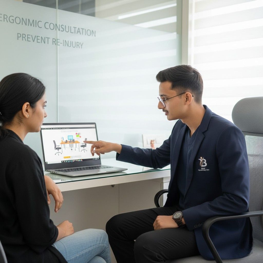 Physiotherapist discussing ergonomic consultation and preventing re-injury for overuse syndrome.