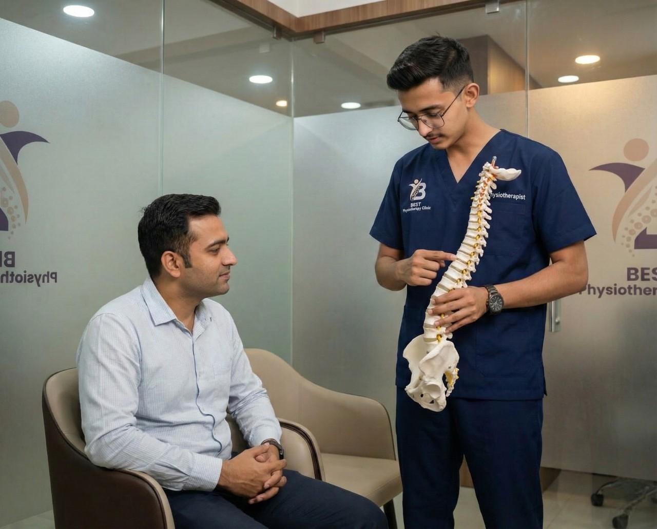 Dr. Kanaiya explaining spinal anatomy and joint mobilisation treatment using a spine model in Bopal Clinic
