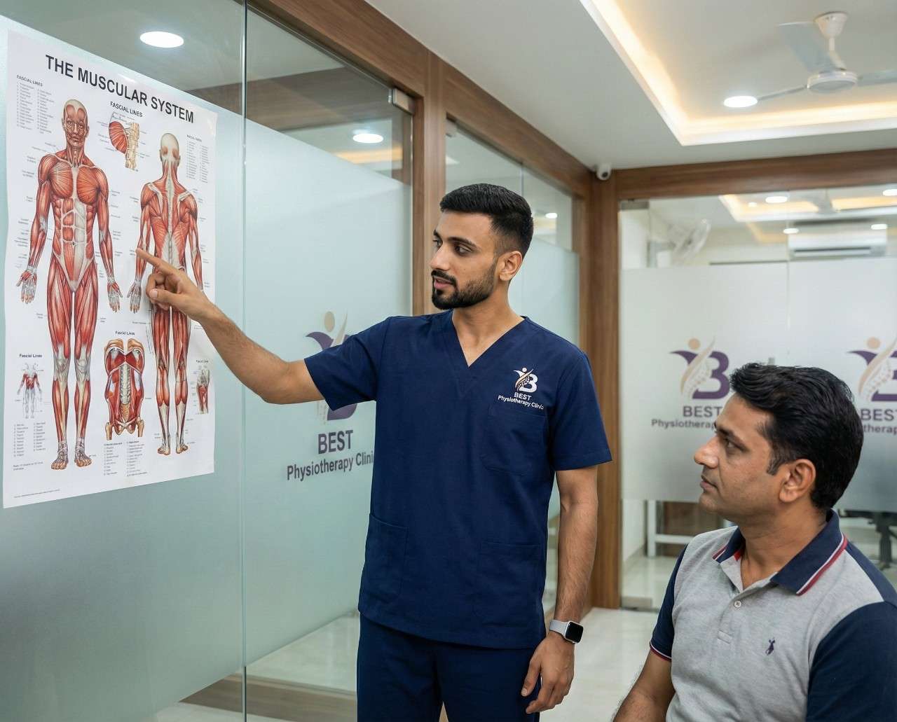 Physiotherapist explaining muscular system chart to patient during clinical assessment session