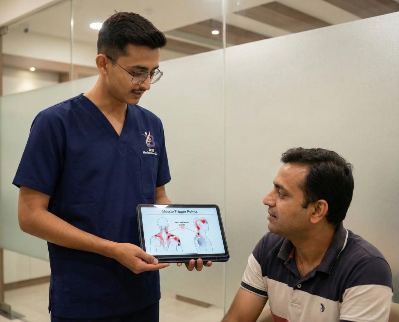 Physiotherapist explaining muscle trigger points to patient using digital chart.