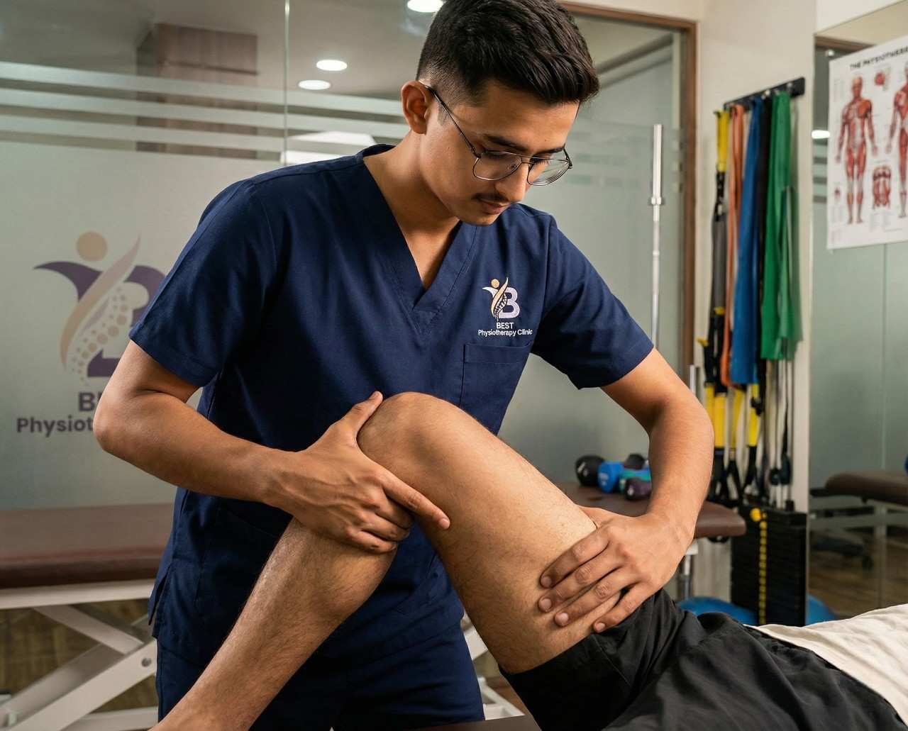 Dr. Kanaiya performing manual hip and knee stretching for improved lower-limb mobility