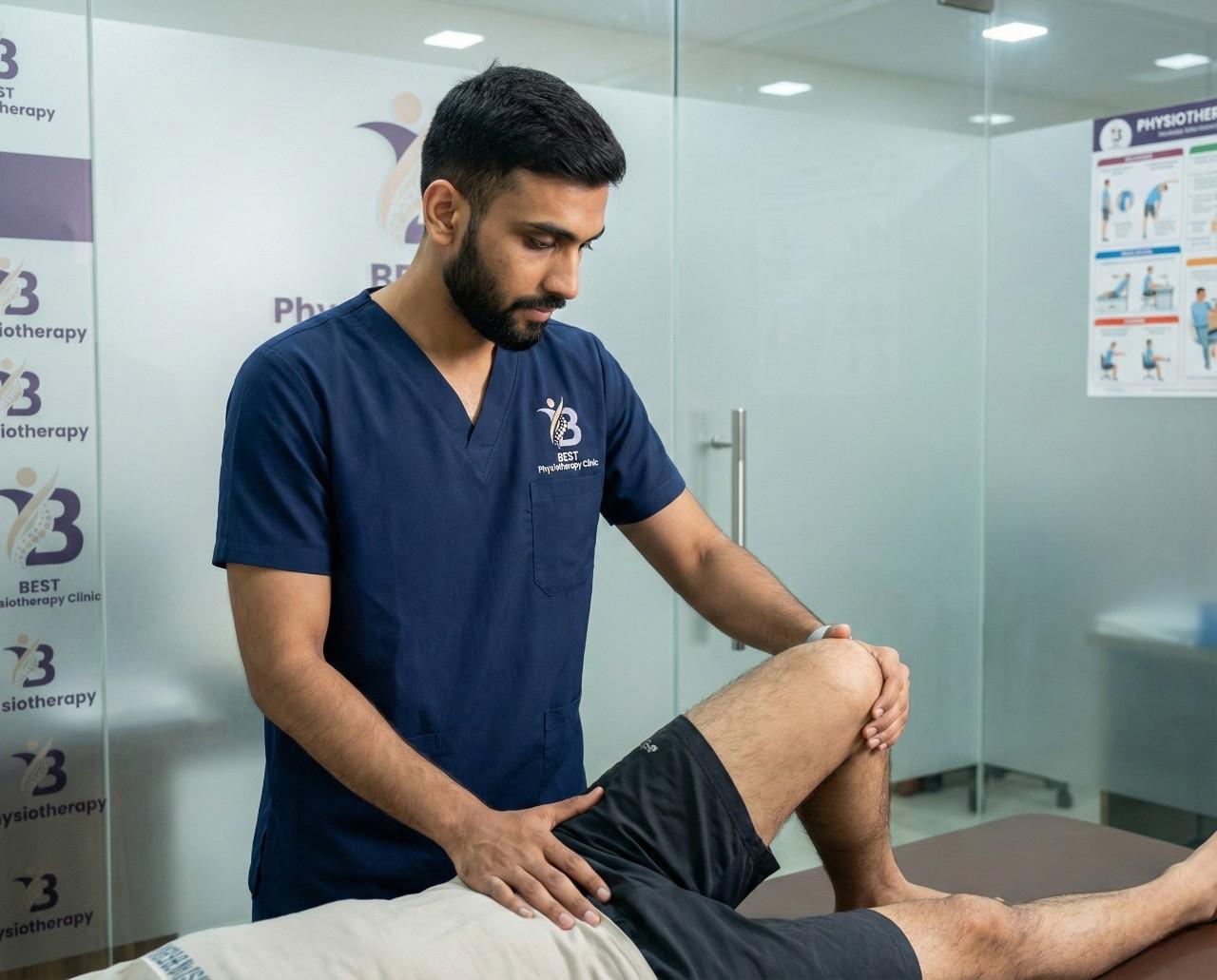 Physiotherapist applying muscle energy technique to enhance patient’s knee mobility.