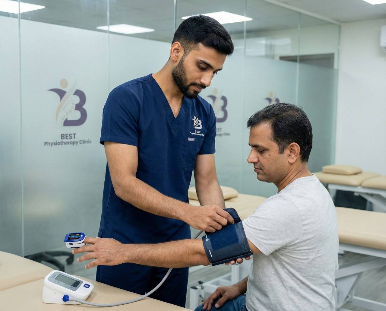 Physiotherapist checking a patient's blood pressure as part of cardio-pulmonary assessment in heart failure rehab program