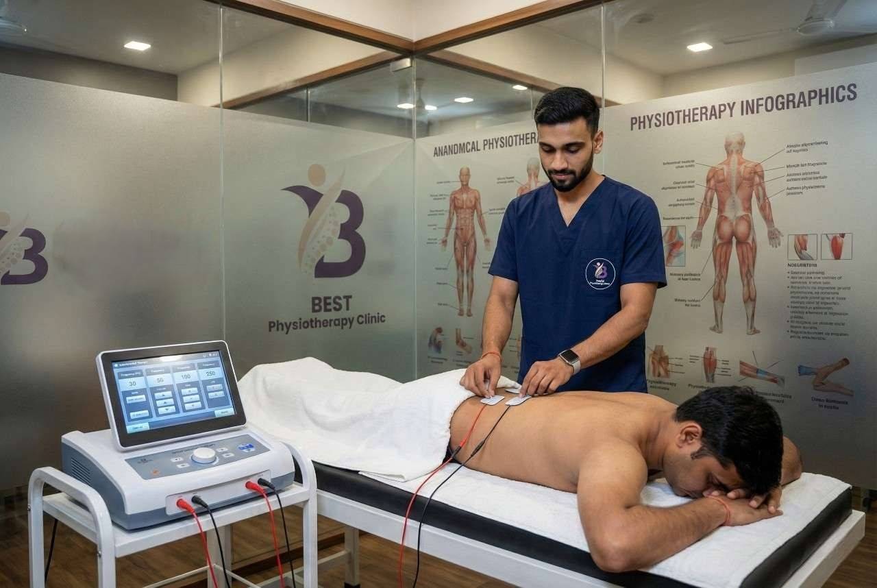 Physiotherapist Dr. Sagar applying (interferential ) IFT therapy treatment on patient’s back for pain relief.