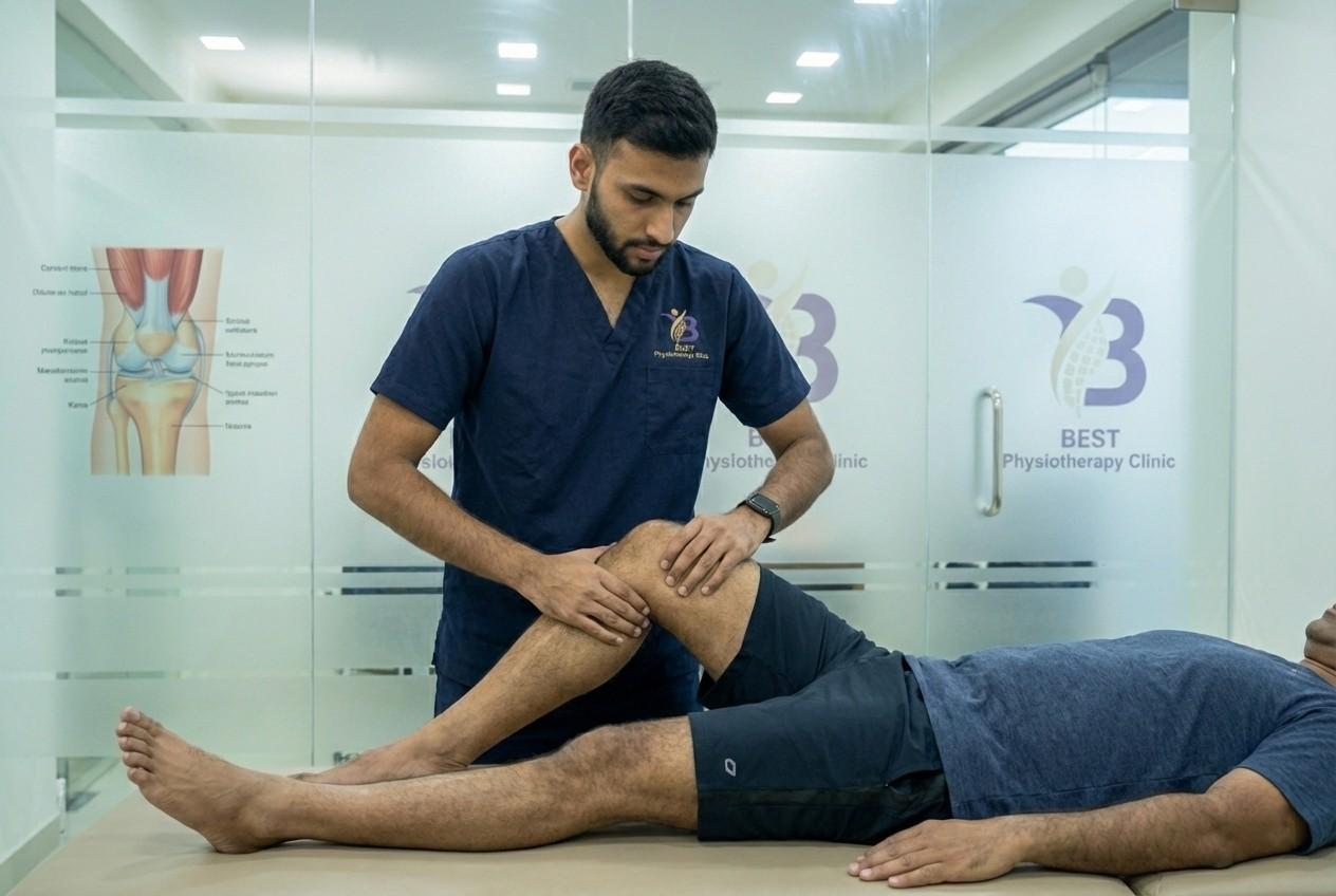 Physiotherapist measuring knee joint range of motion (ROM) with a goniometer for assessment of Knee Pain Treatment in Bopal
