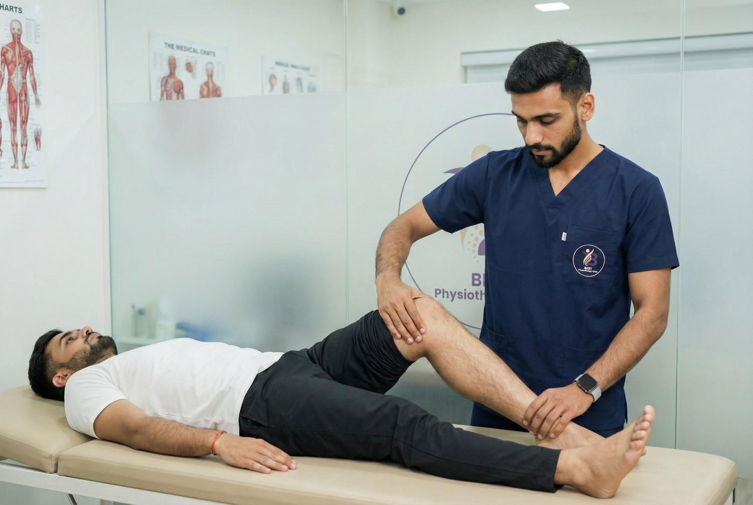 Physiotherapist performing a special test to diagnose the severity of a Knee Ligament Injury treatment (ACL, MCL, PCL)