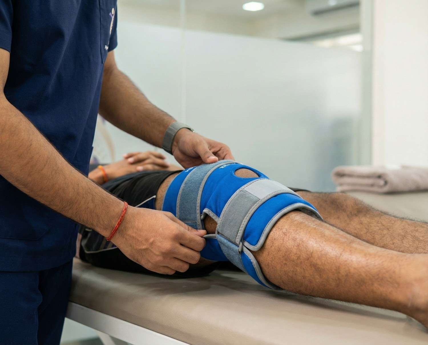 Controlled quadriceps and hamstring strengthening exercises supervised by a physiotherapist for Knee Ligament Injury rehab