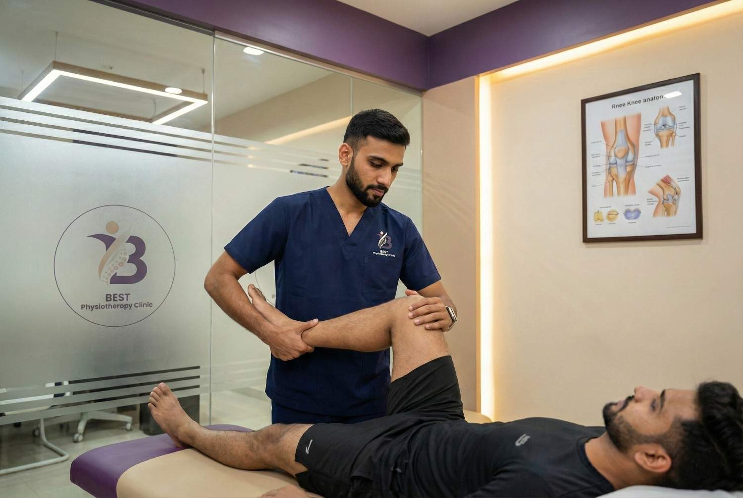 Physiotherapist performing a special test like McMurray's to diagnose a Meniscus Tear in the knee