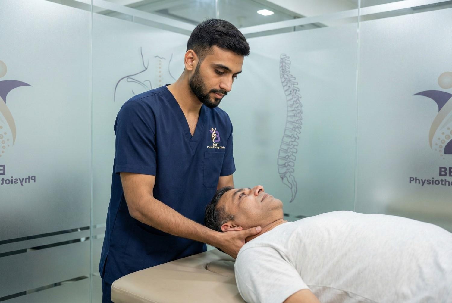 Physiotherapist performing gentle cervical spine joint mobilisation for neck pain treatment and stiffness relief