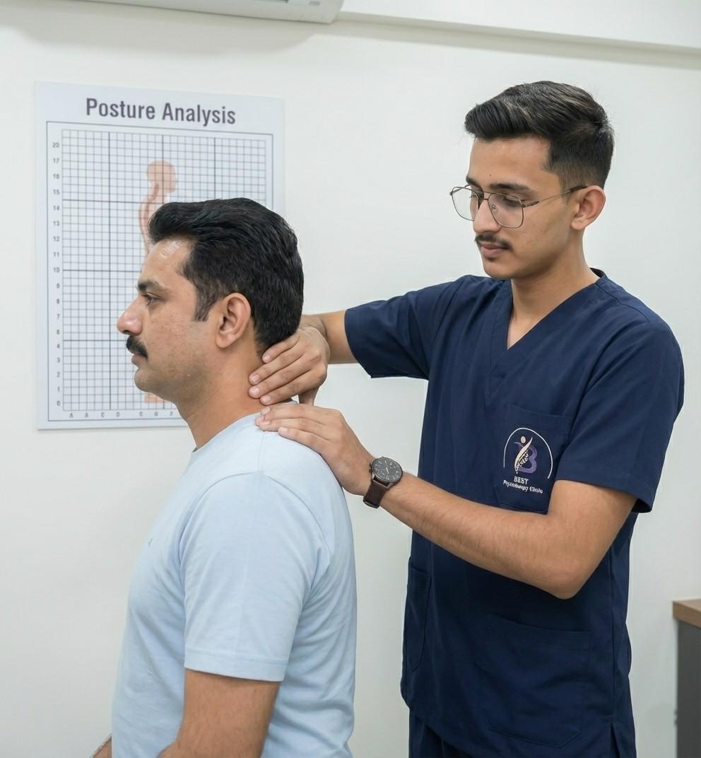 Physiotherapist conducting a posture analysis and cervical spine assessment for chronic neck pain and forward head posture