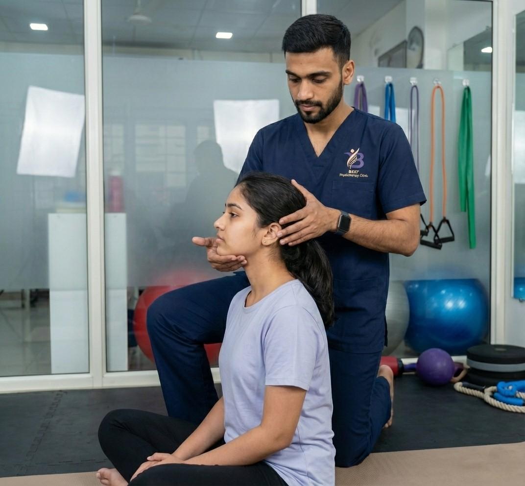 Physiotherapist guiding a patient through deep neck flexor exercises to improve cervical stability and reduce neck pain