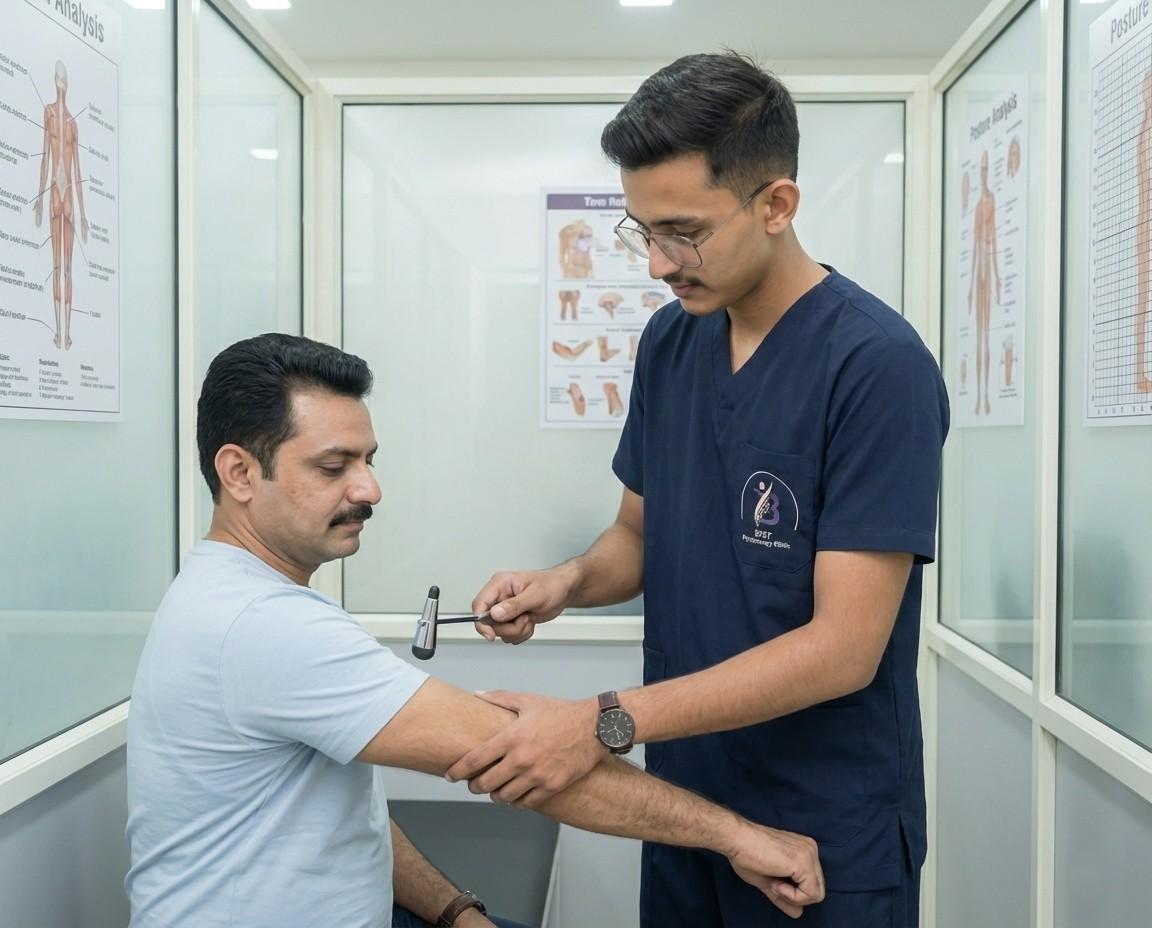 Physiotherapist performing upper limb neurological examination to check for nerve root compression from cervical spine issues