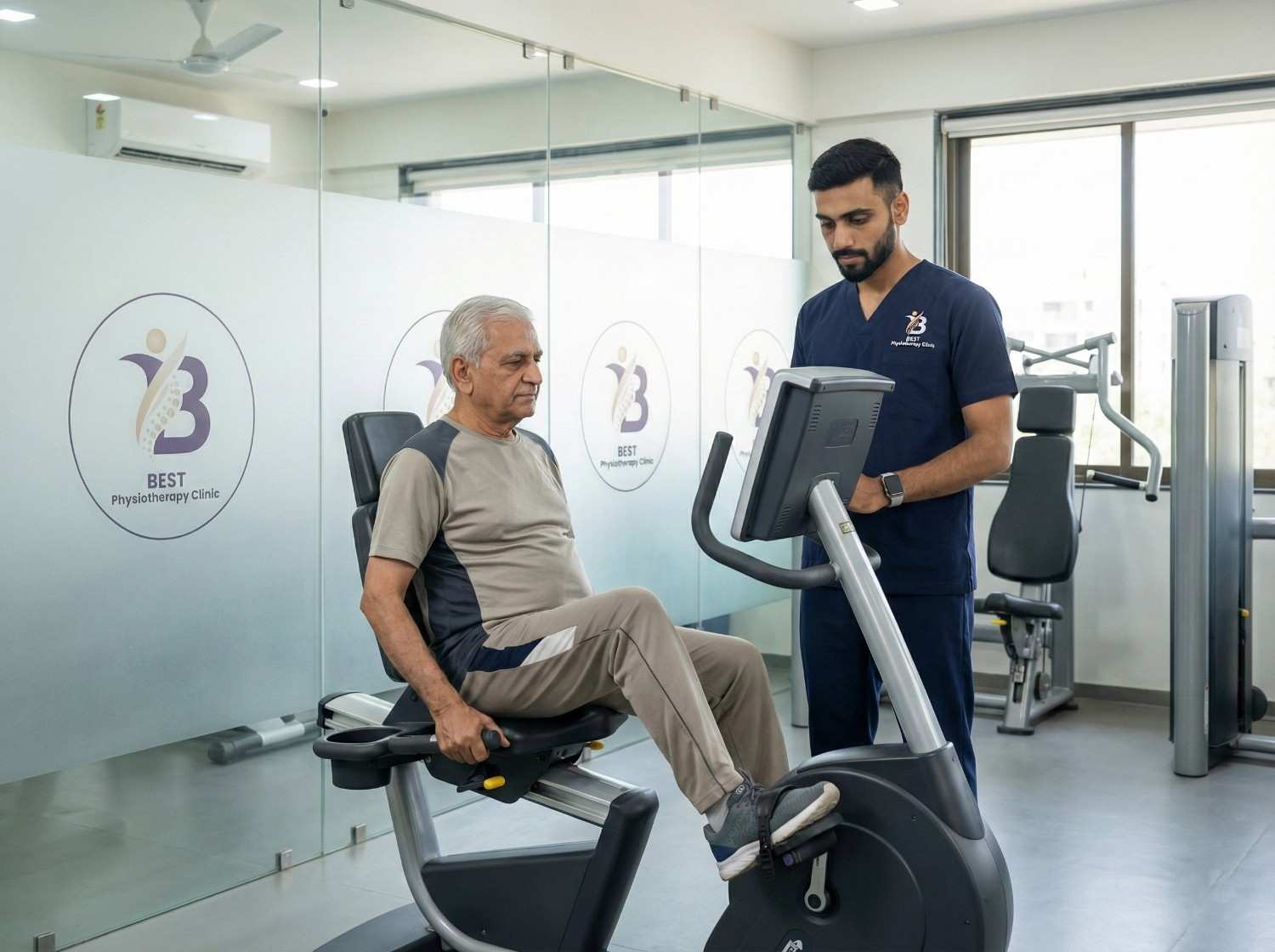 Physiotherapist educating patient on the signs of Knee Osteoarthritis progression using an X-ray image or anatomical model