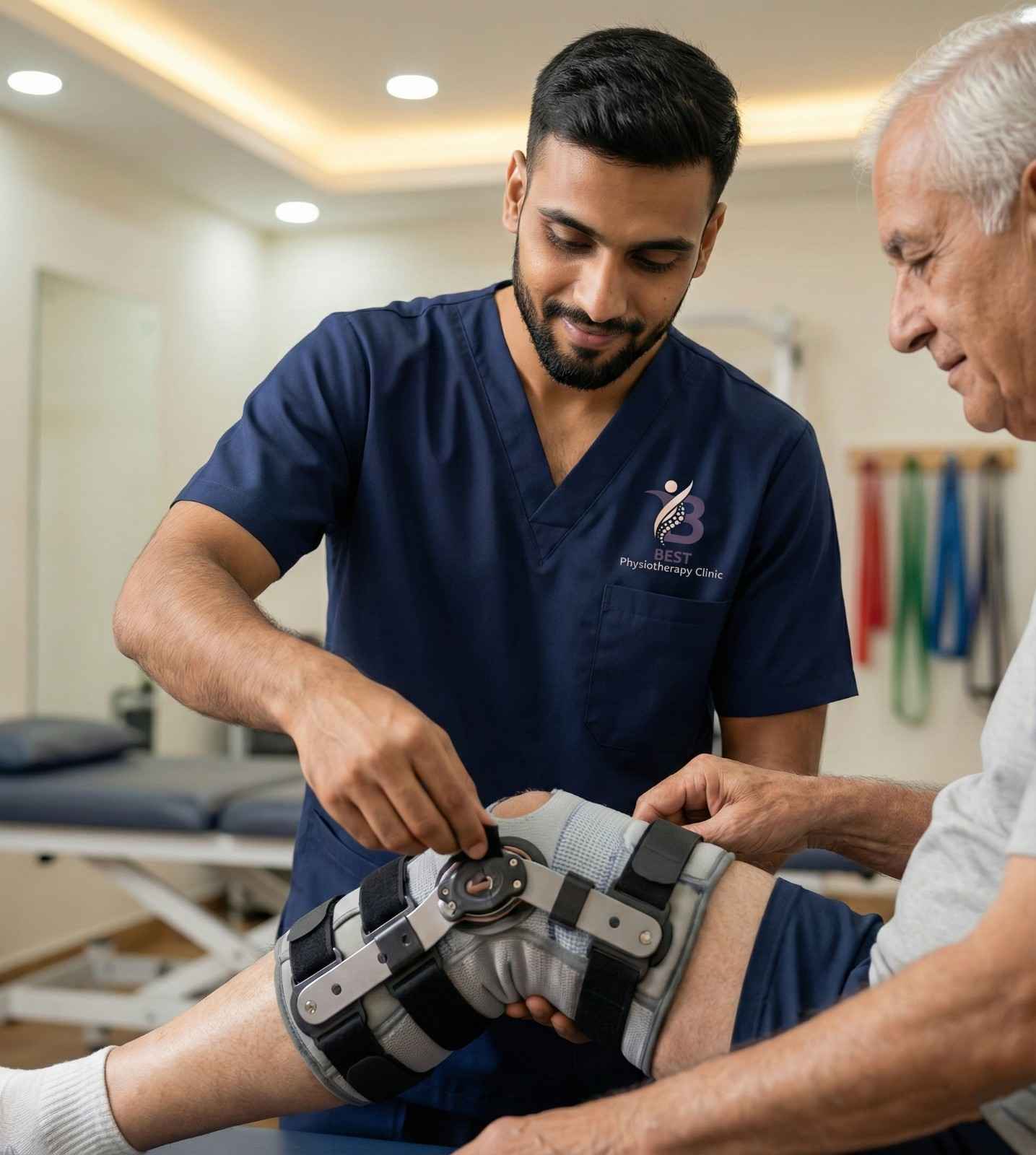Dr. Sagar Physiotherapist fitting post-surgical knee brace for rehabilitation at Best Physiotherapy Clinic Bopal