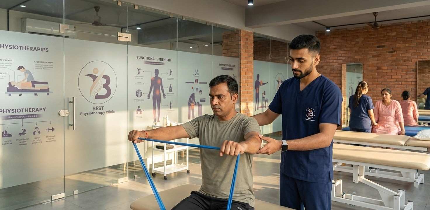 Dr. Sagar Vyas guiding patient through functional strength training exercises with resistance bands