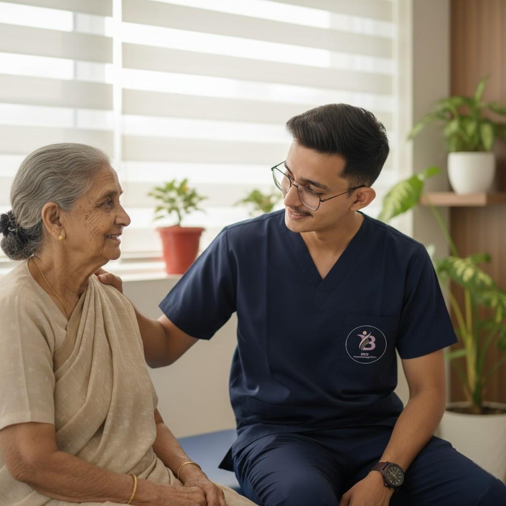 Dr. Kanaiya talking with elder woman patient in Modern Best Physiotherapy clinic Bopal
