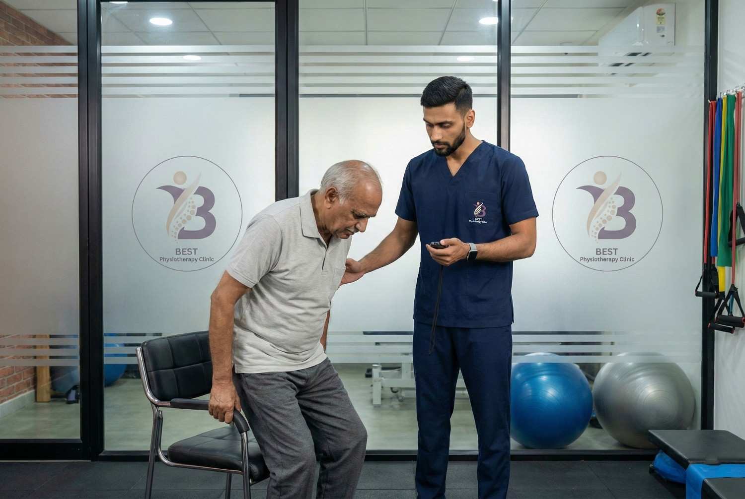 Physiotherapist Dr. Sagar assisting an older male patient with sit-to-stand exercise for Parkinsons disease treatment in Bopal Clinic.