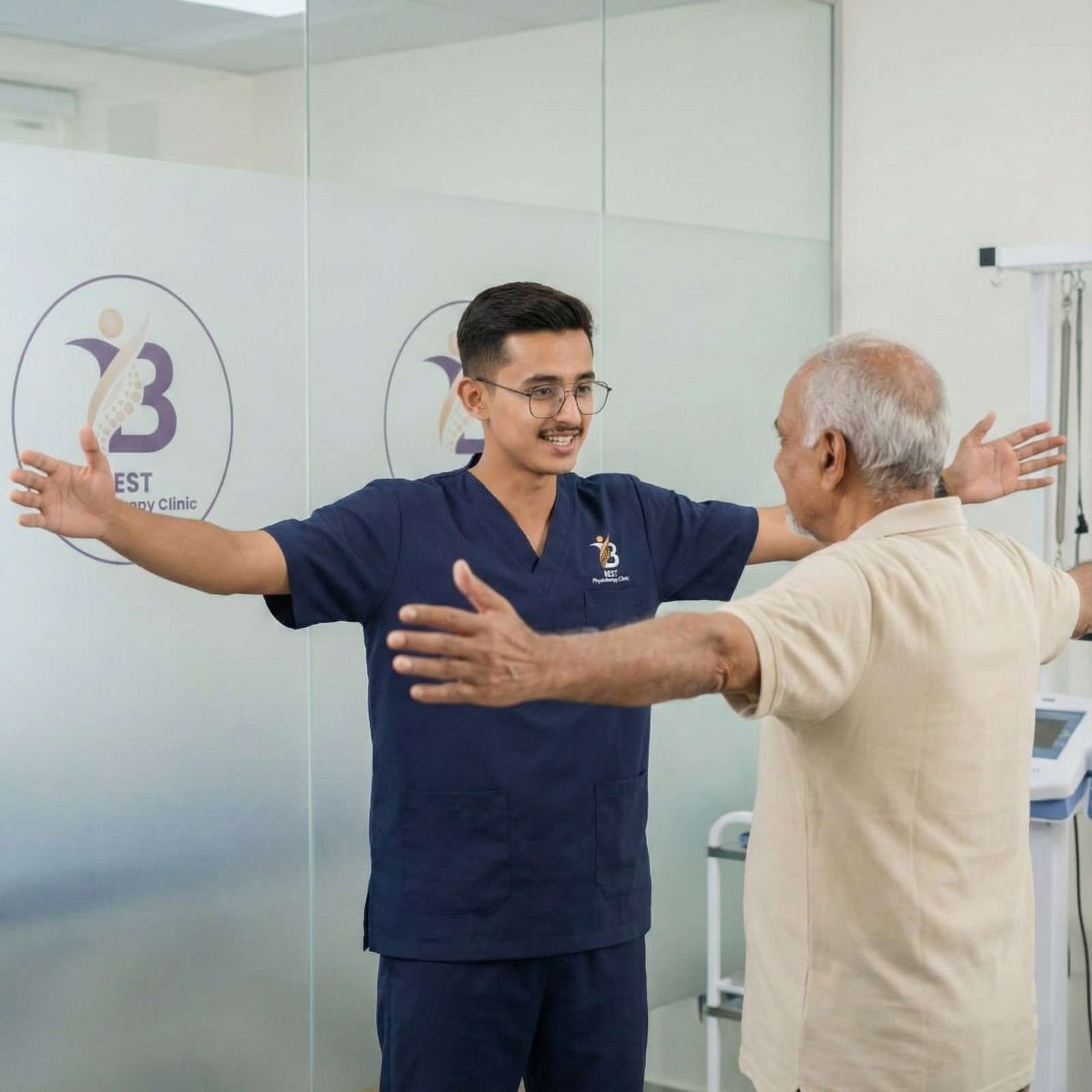 Physiotherapist Dr. Kanaiya guiding an elderly patient through range of motion exercises for Parkinson's disease.