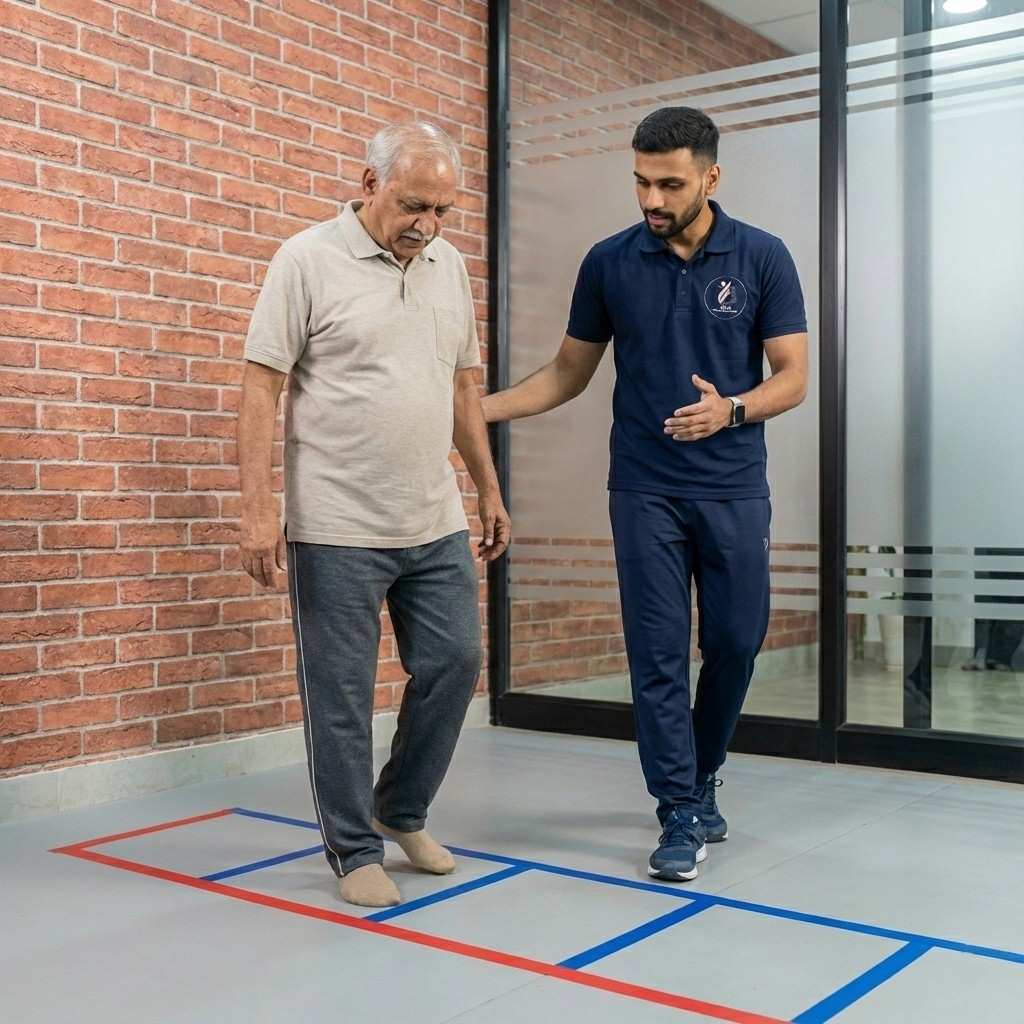 Gait training using floor markers to help an older patient with Parkinson's disease improve steps.