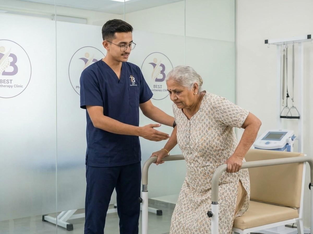 Physiotherapist helping an elderly female patient stand up using support bars for Parkinson's disease rehabilitation.