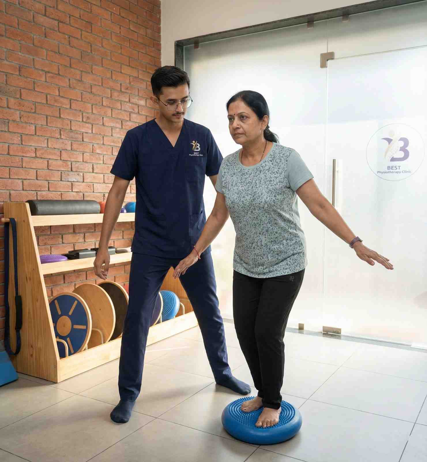 Balance training on a stability disc with assistance for a patient recovering from peripheral neuropathy.