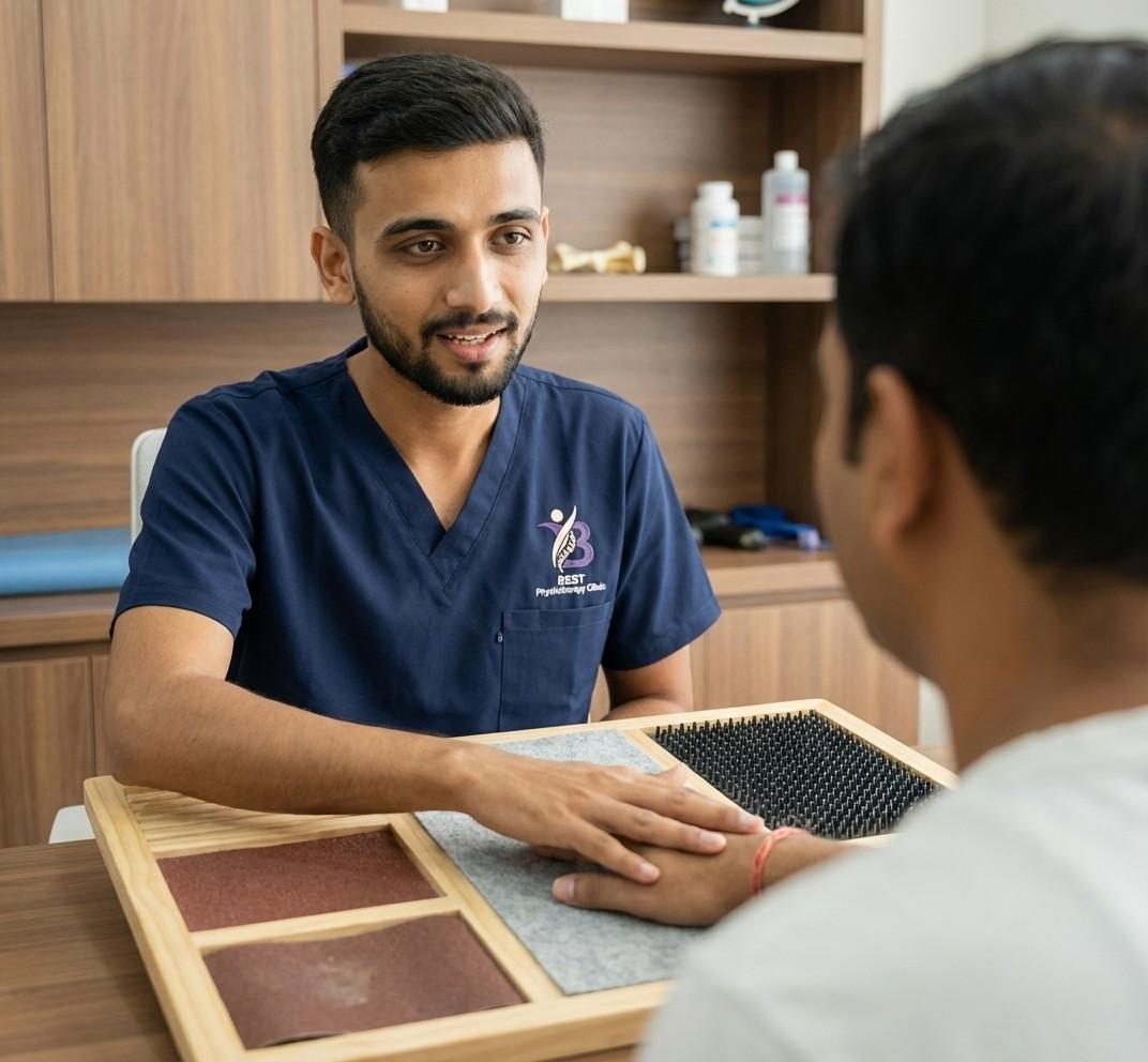 Sensory re-education therapy using a texture board to treat nerve damage from peripheral neuropathy.