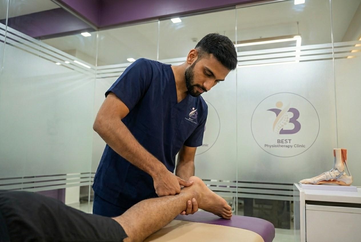 Physiotherapist performing manual therapy and assessment on patient's ankle for plantar fasciitis treatment.