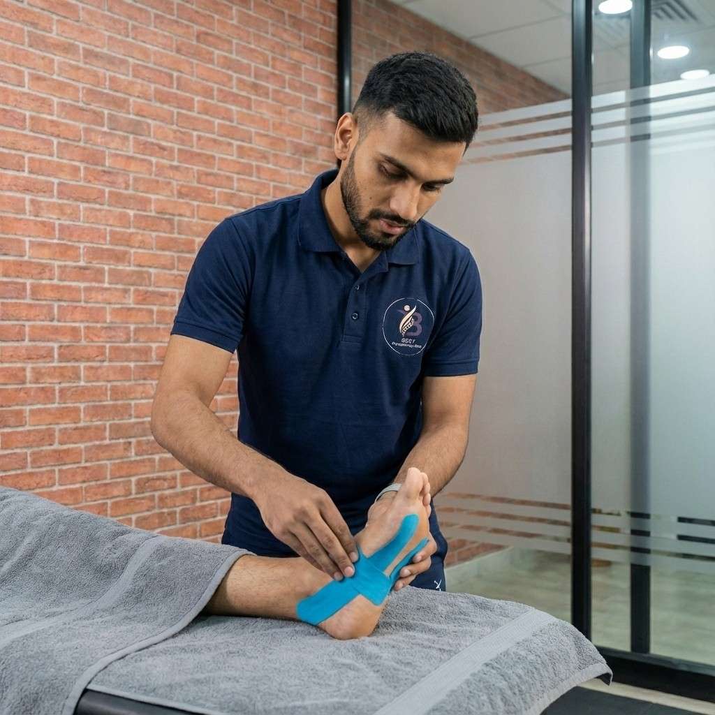 Physiotherapist applying supportive kinesiology tape to the patient's foot for plantar fasciitis relief.