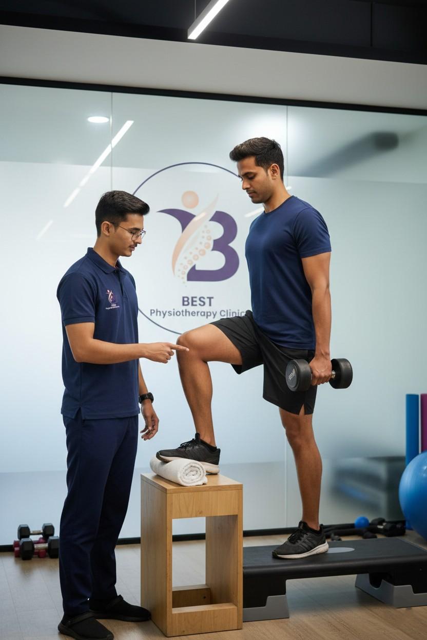 Patient performing functional strength training exercise supervised by a physiotherapist for recovery.