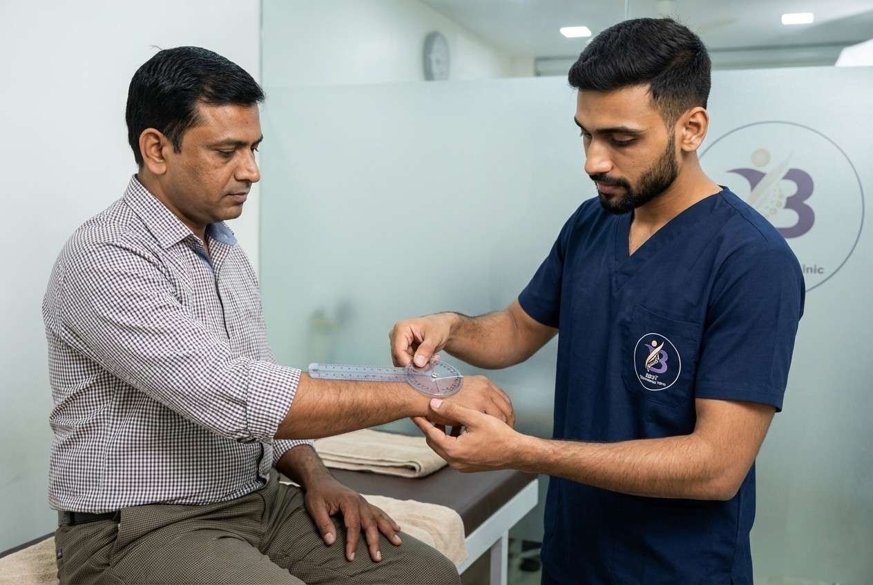 Physiotherapist measuring wrist range of motion with a goniometer for post-fracture stiffness treatment.