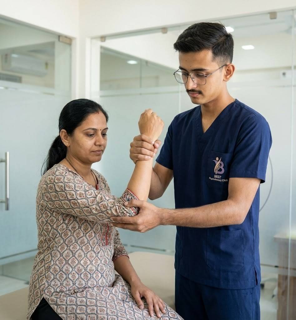 Manual physiotherapy for elbow joint mobilization and increasing range of motion after a fracture.