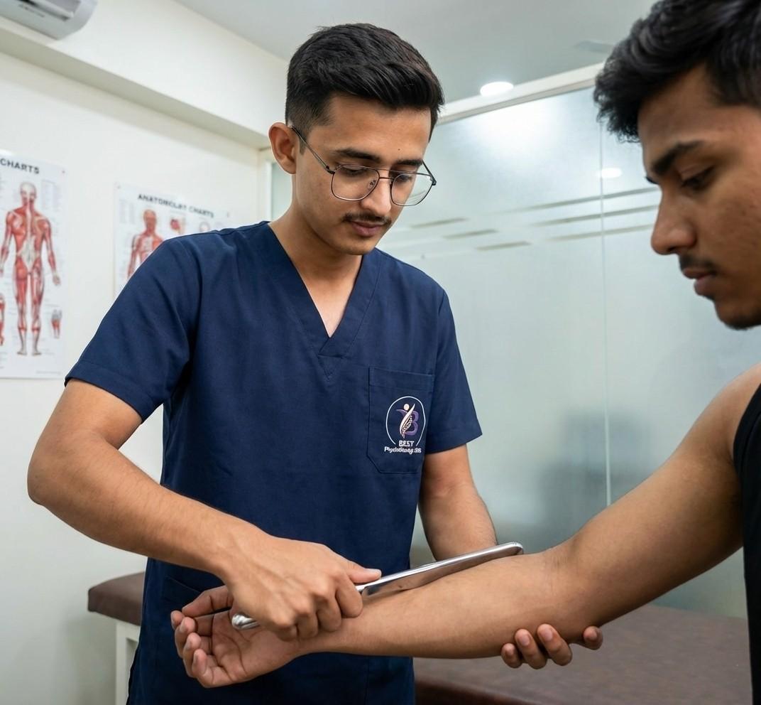 Physiotherapist using IASTM technique on a patient's forearm to treat post-fracture soft tissue stiffness.
