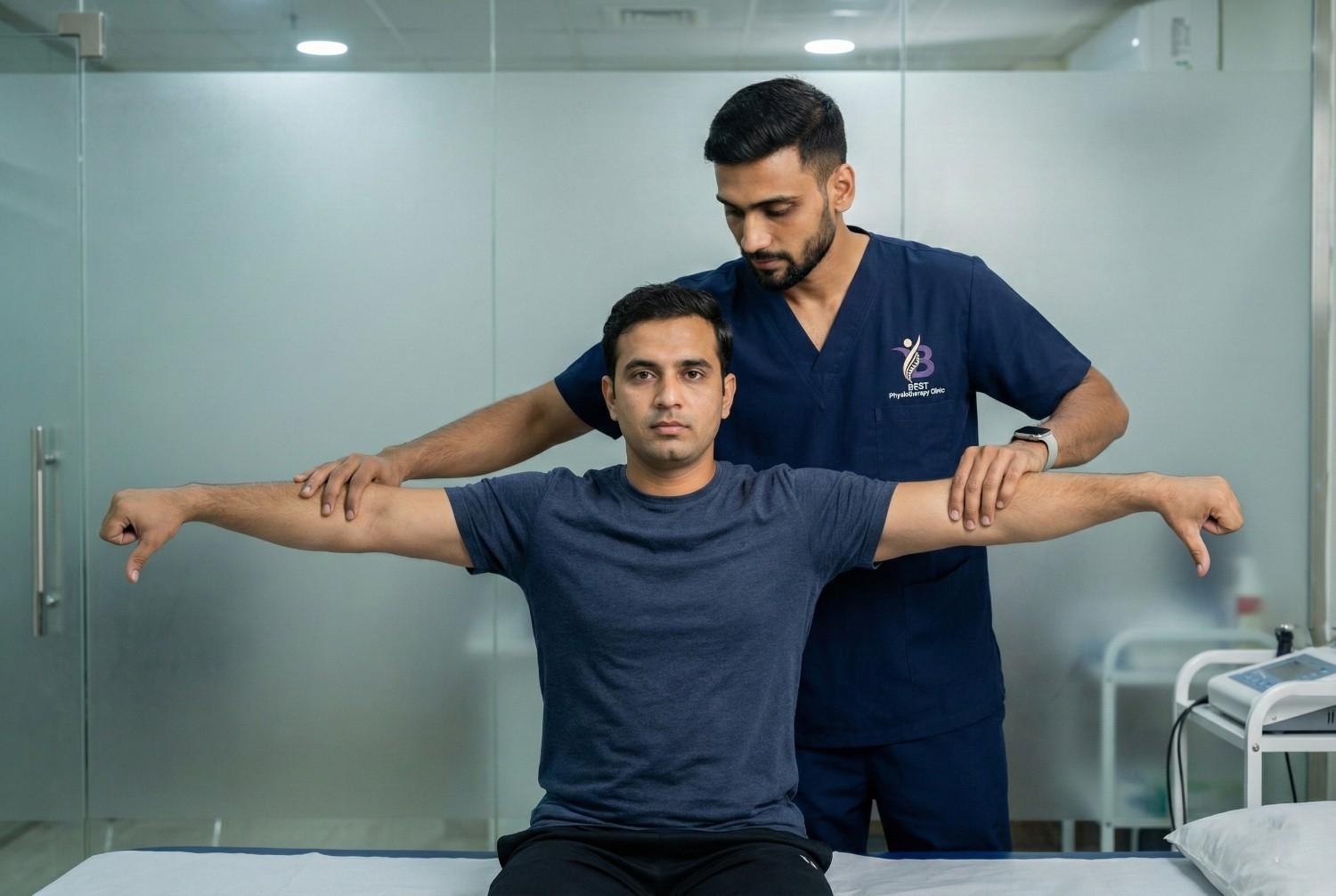 Physiotherapist performing a resisted movement test to diagnose rotator cuff injury treatment in Bopal