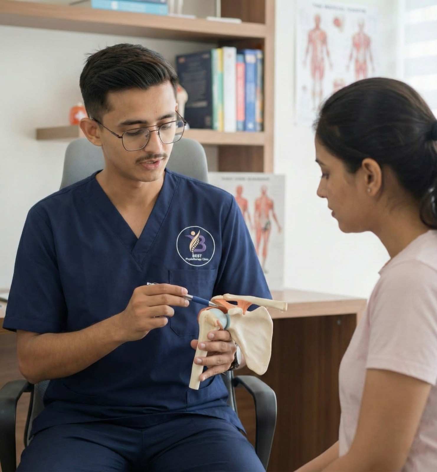 Patient performing low-resistance external rotation strengthening exercise with a TheraBand for Rotator Cuff rehabilitation