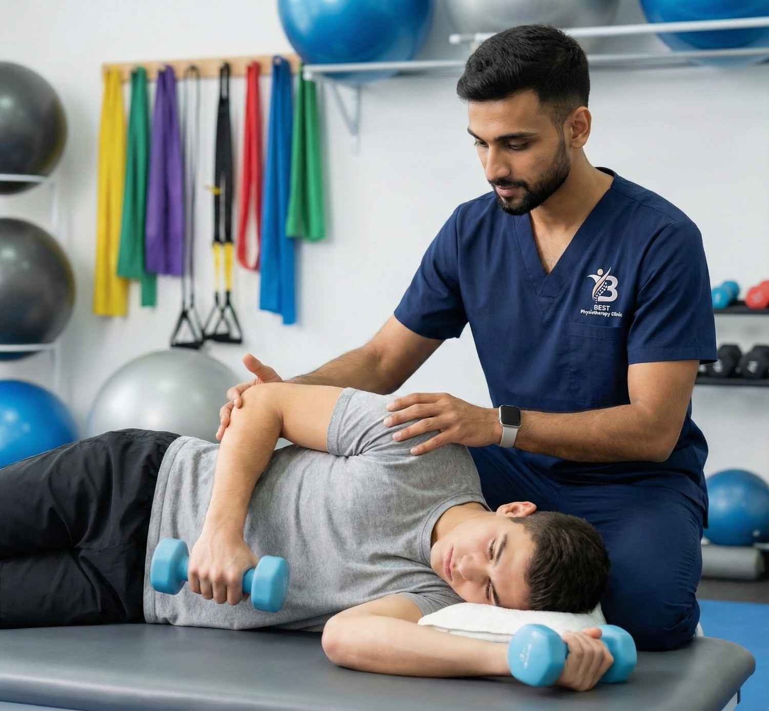 Physiotherapist performing manual joint mobilization to restore shoulder joint mechanics after a Rotator Cuff Injury