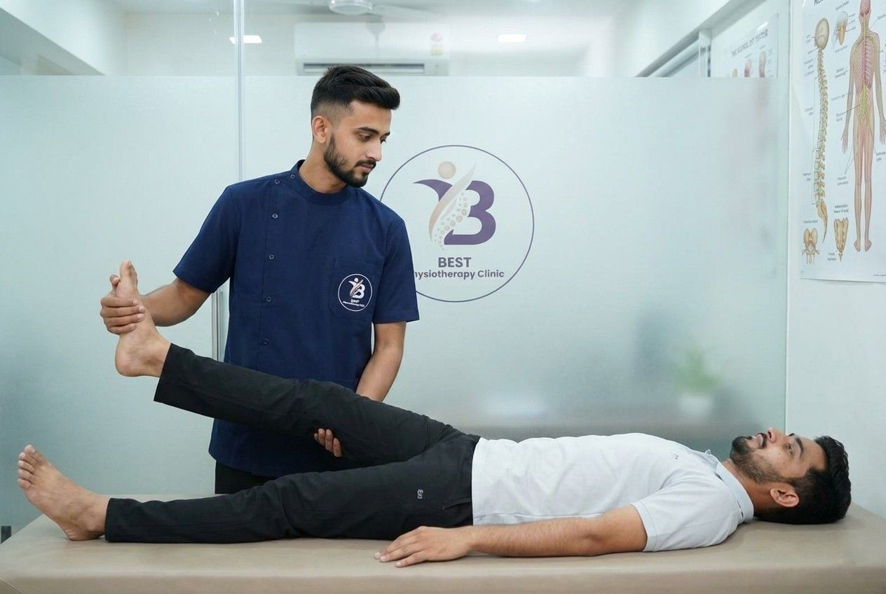 Physiotherapist performing Straight Leg Raise test to assess nerve tension and confirm sciatica Treatment Physiotherapy diagnosis