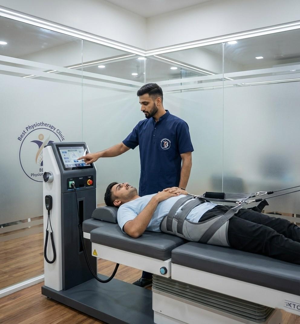 Patient receiving mechanical spinal decompression therapy for disc herniation and severe sciatica pain relief