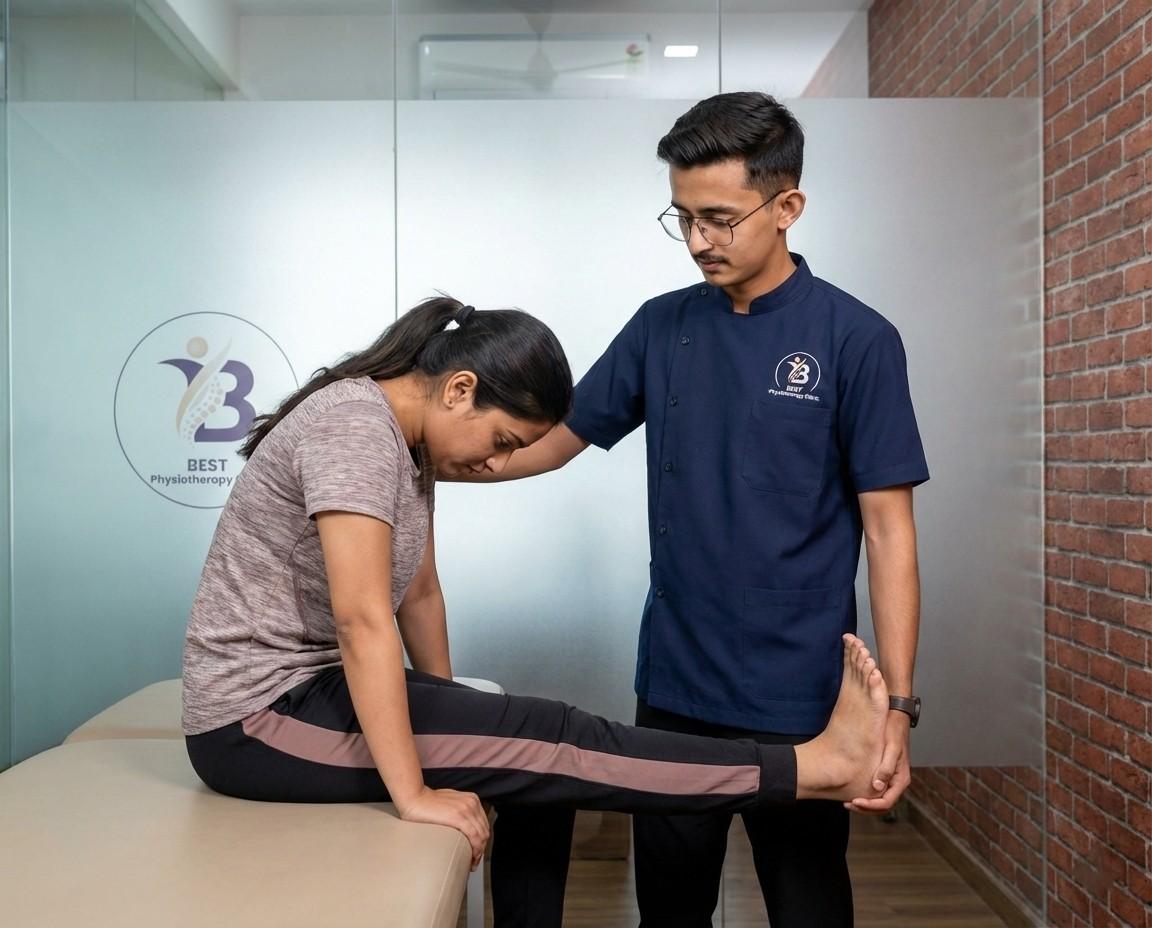 Sciatica patient performing nerve gliding and stretching exercises with a physiotherapist to reduce leg pain and tingling