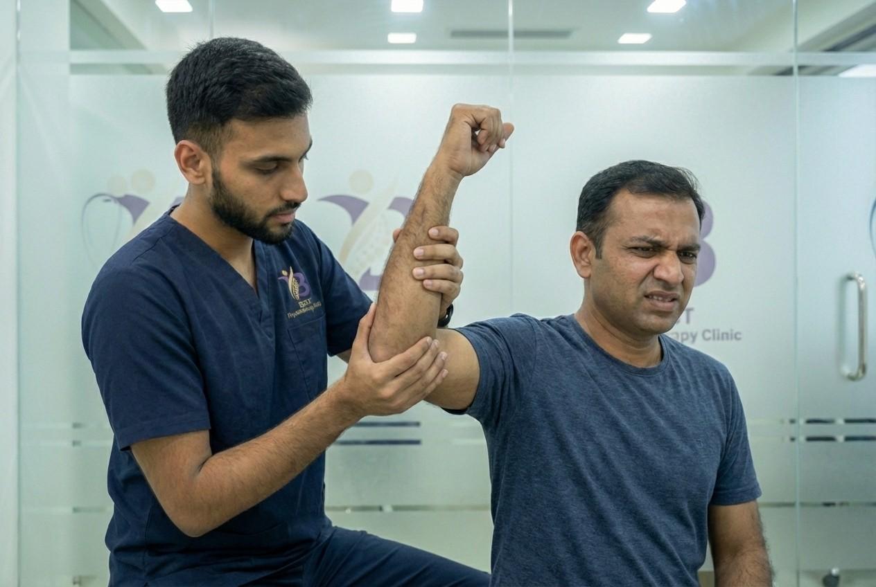 Physiotherapist performing active range of motion assessment for a patient experiencing severe Shoulder Pain treatment or Frozen Shoulder