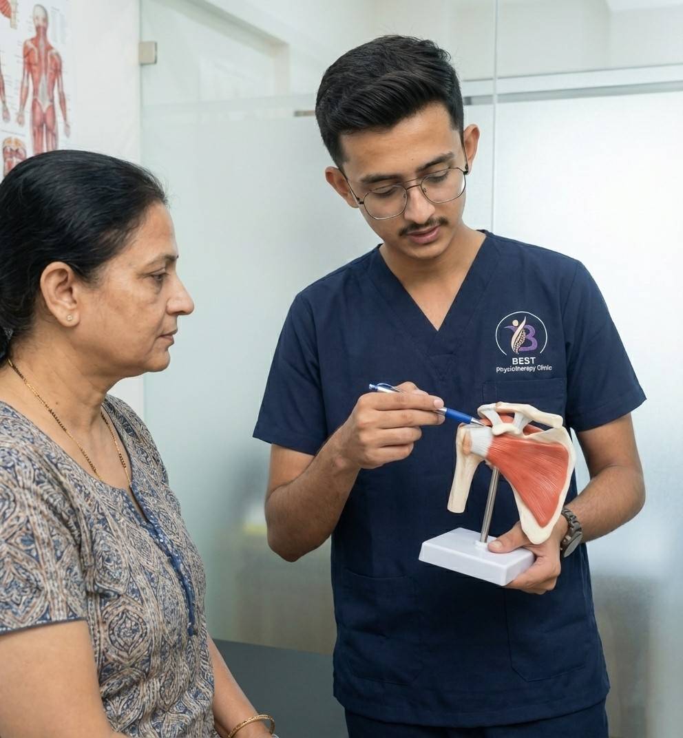 Physiotherapist using a shoulder anatomy model to explain Rotator Cuff injury and treatment plan to the patient