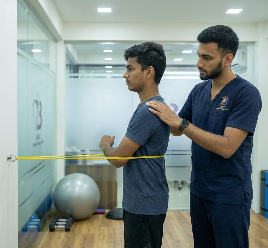 Shoulder pain patient performing external rotation strengthening exercises with a resistance band for Rotator Cuff rehabilitation