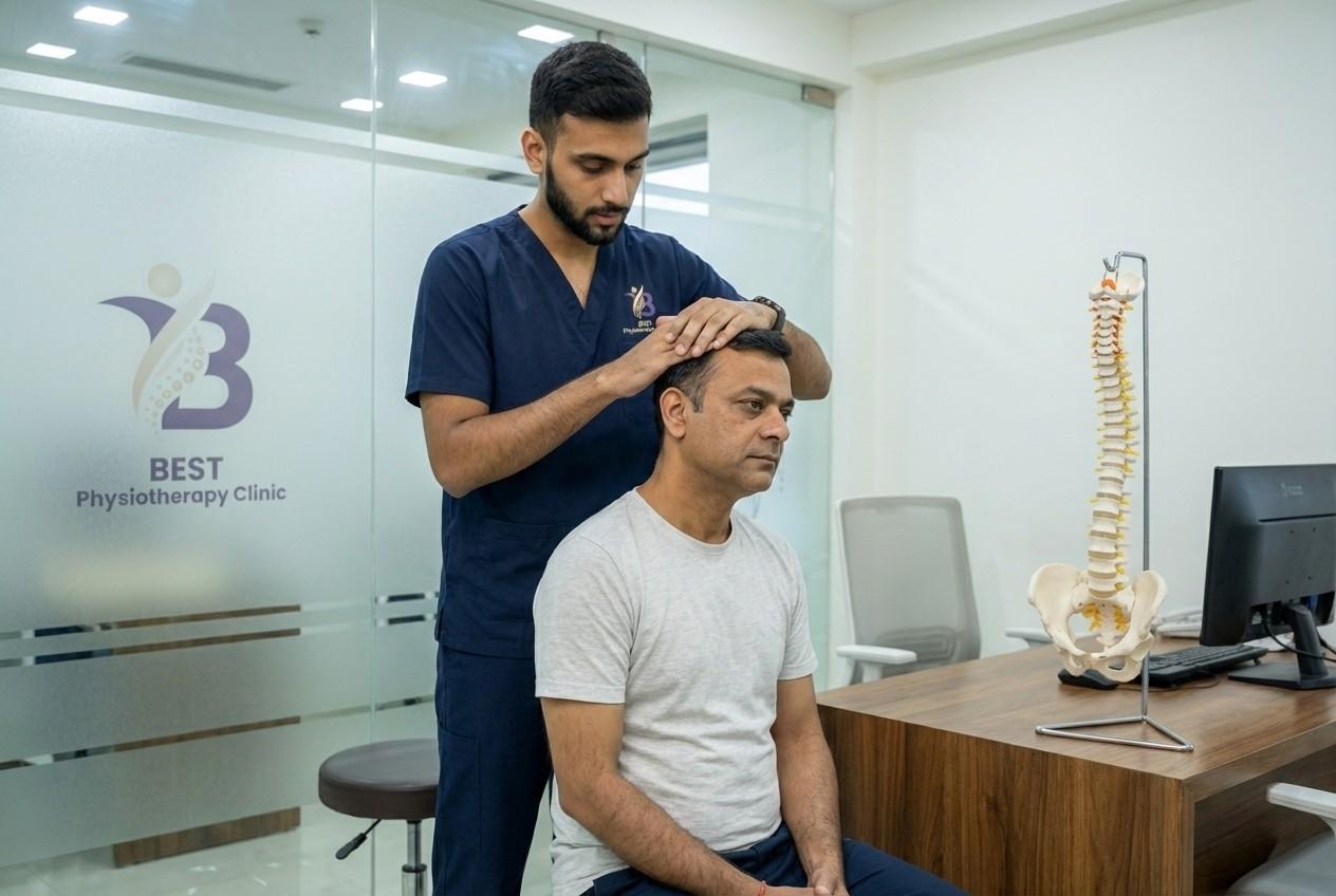 Physiotherapist performing gentle manual traction and mobilisation for pain relief from a Cervical Slipped Disc