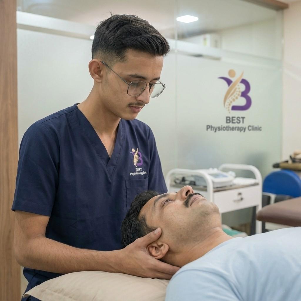 Patient performing deep neck flexor stabilisation exercises with a ball to support recovery from a Slipped Disc in the neck